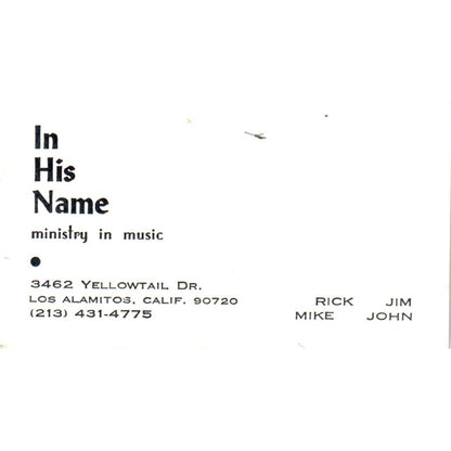 In His Name Ministry in Music Los Alamitos CA Vintage Business Card SD8-B12