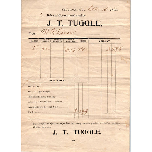 J.T. Tuggle Cotton Tallapoosa 1899 Original Billhead Letterhead Receipt D8-LL-1