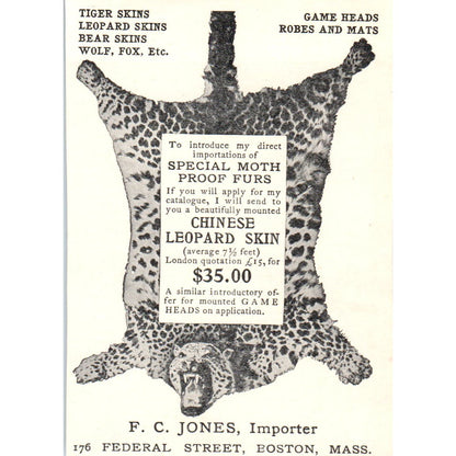 Leopard Skins F.C. Jones Importer Boston Animal Skin c1905 Victorian Ad AE9-MA5