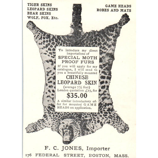 Leopard Skins F.C. Jones Importer Boston Animal Skin c1905 Victorian Ad AE9-MA5