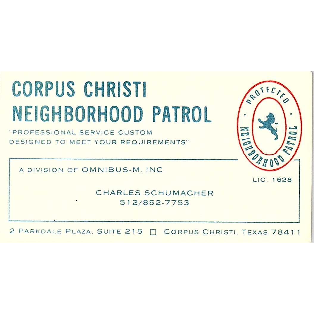 Corpus Christi Neighborhood Patrol Charles Schumacher Texas Business Card SB4-B3