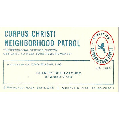 Corpus Christi Neighborhood Patrol Charles Schumacher Texas Business Card SB4-B3