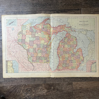 Map of Michigan and Wisconsin 2 Page Fold Out Map 1901 Map V14-1