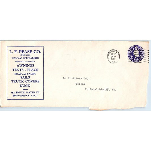 1950 L.F. Pease Co Canvas Specialists Providence RI Postal Cover Envelope TH9-L2