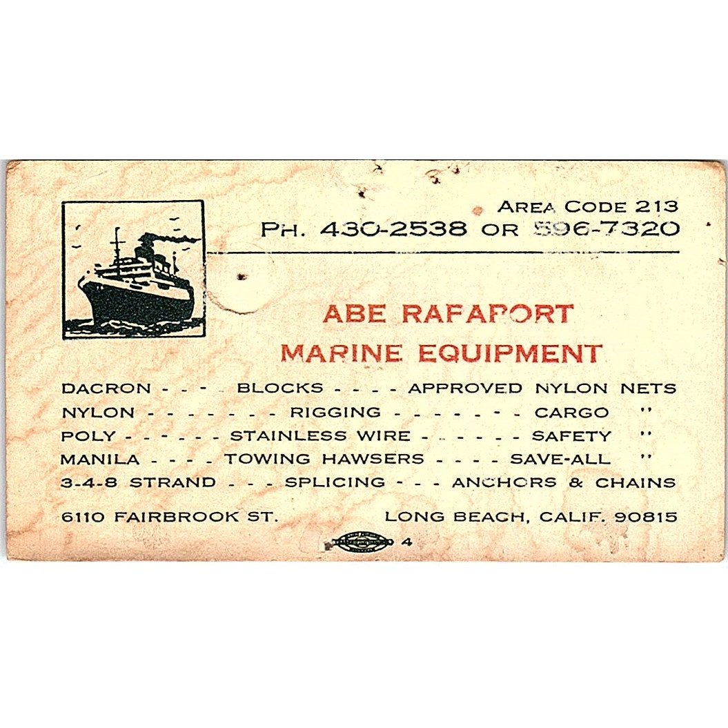 Abe Rapaport Marine Equipment Long Beach Vintage Business Card SD9-B11