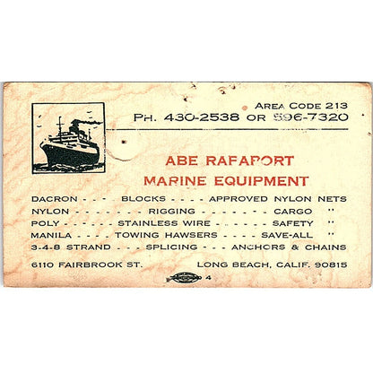 Abe Rapaport Marine Equipment Long Beach Vintage Business Card SD9-B11