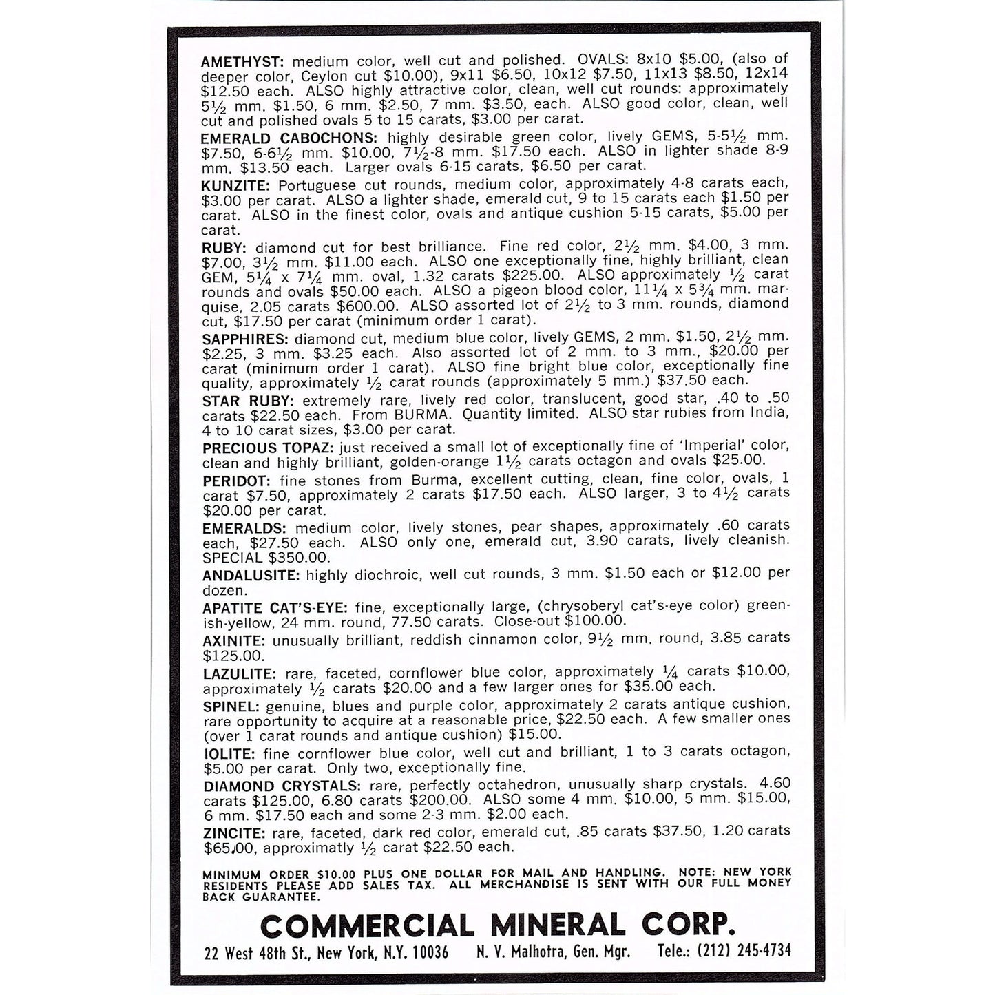 Commercial Mineral Corp Lapidary N.V. Malhotra New York NY 1972 Ad AF8-2