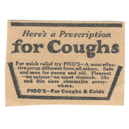 Piso's Treatment for Coughs and Colds Quackery 1923 Magazine Ad Clip AE1-6