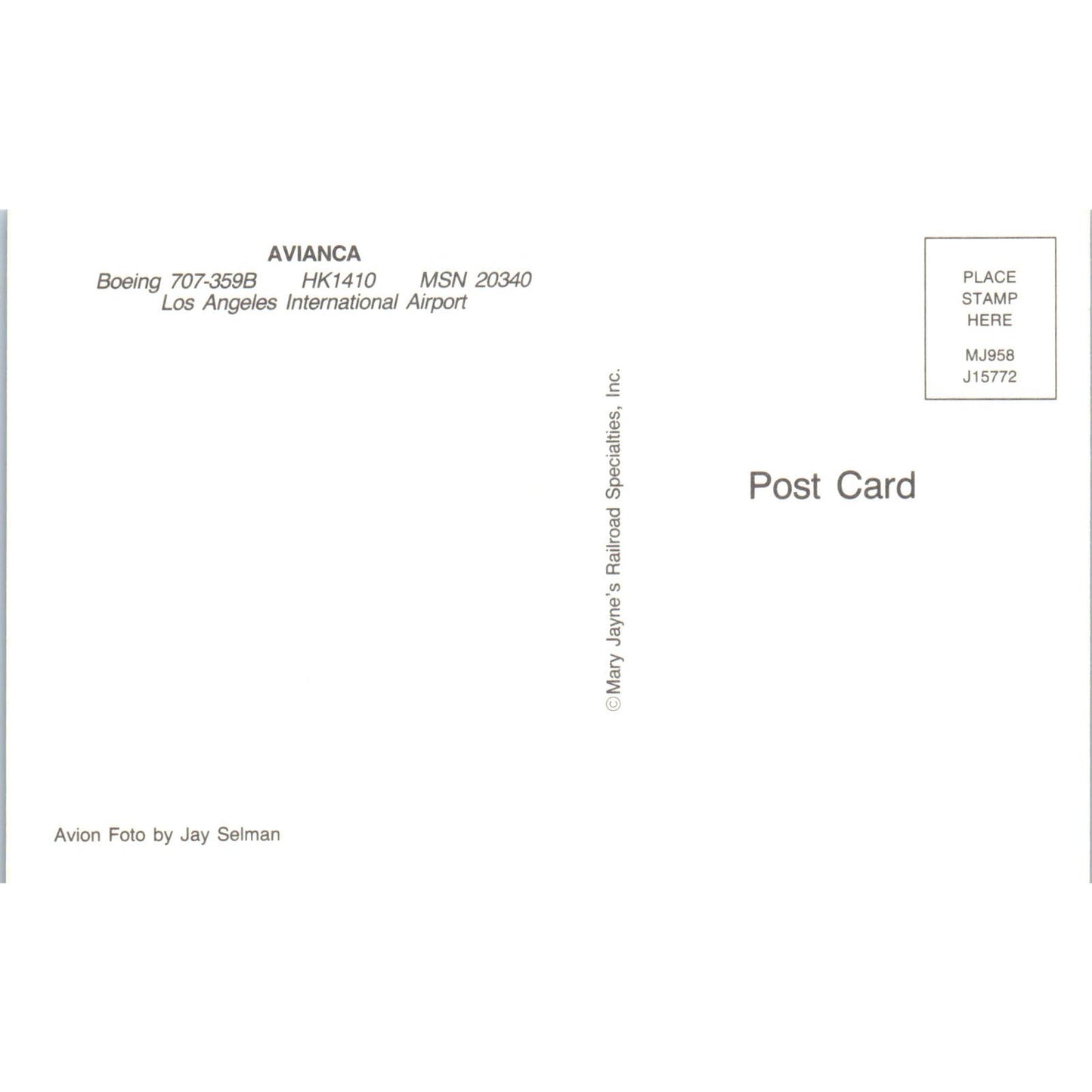 Avianca Boeing 707-359B HK11410 Vintage Postcard PC3