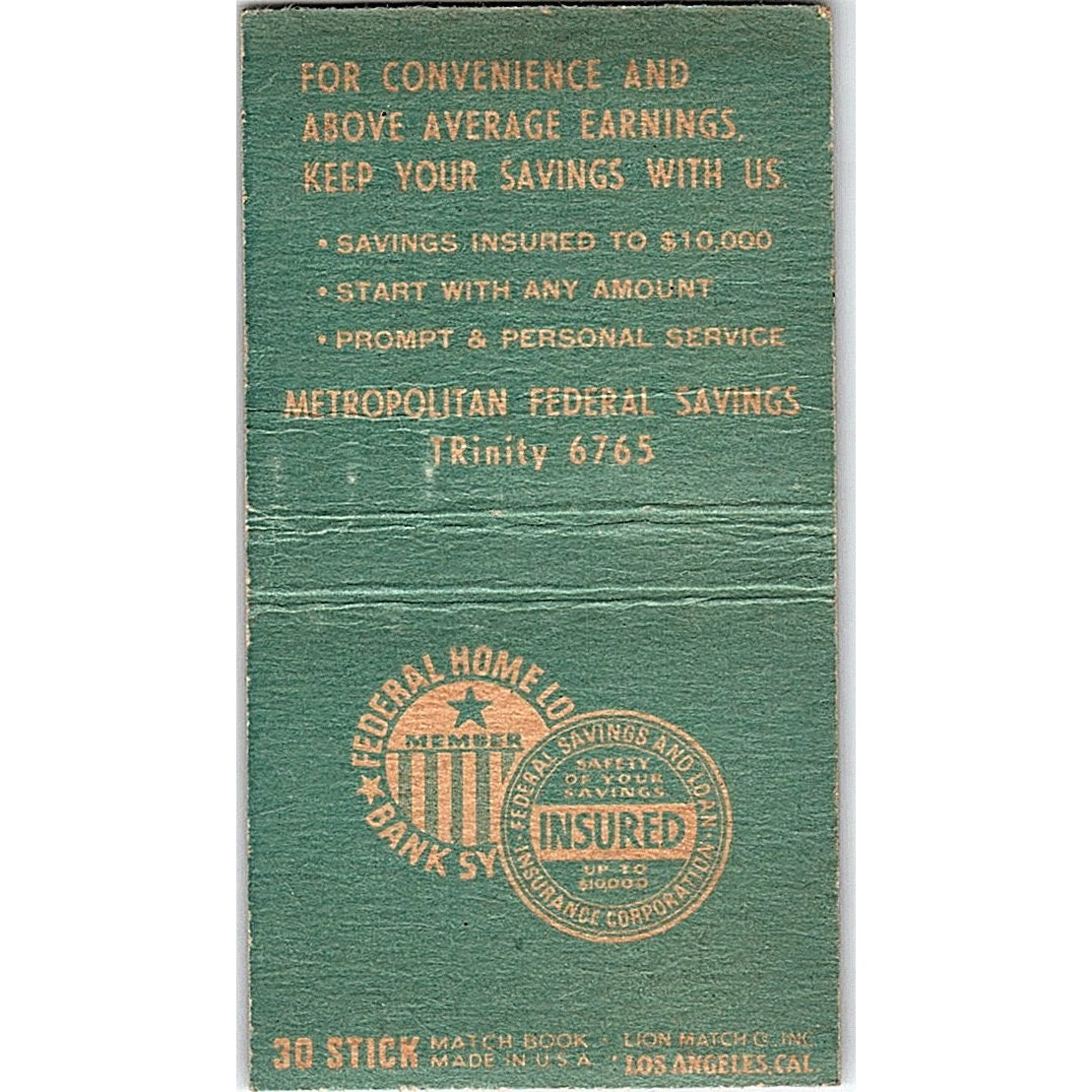 Metropolitan Federal Savings Los Angeles Vintage Matchbook Cover SC7-Y3