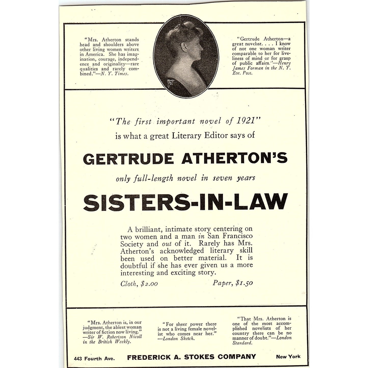 Gertrude Atherton's Sisters-In-Law c1920 Ad AF8-10