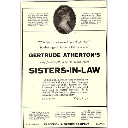 Gertrude Atherton's Sisters-In-Law c1920 Ad AF8-10