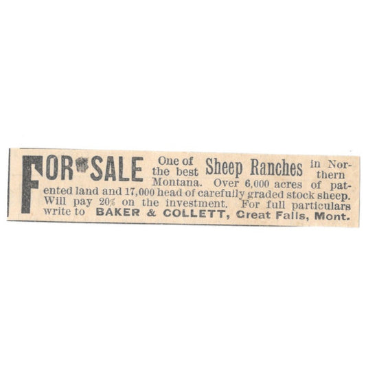 Baker & Collett Sheep Ranches Great Falls MT 1892 Magazine Ad AK6-S3