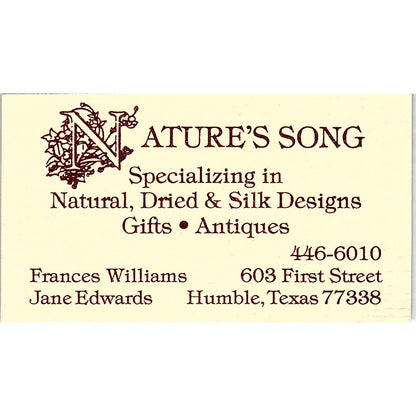Ature's Song Frances Williams Jane Edwards Humble Texas Business Card SF3-B6