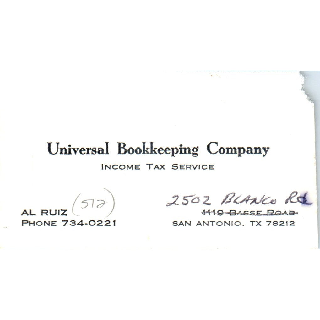 Universal Bookkeeping Company Al Ruiz San Antonio Vintage Business Card SD8-B9