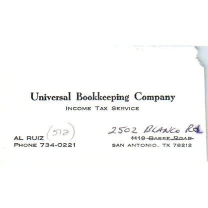 Universal Bookkeeping Company Al Ruiz San Antonio Vintage Business Card SD8-B9