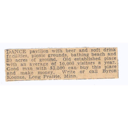 Dance Pavilion Byron Koonze Long Prairie MN 1935 Minneapolis Journal Ad AE7-H3