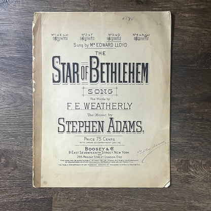 Star of Bethlehem c1905 Sheet Music F.E. Weatherly Stephen Adams Edward Lloyd V6