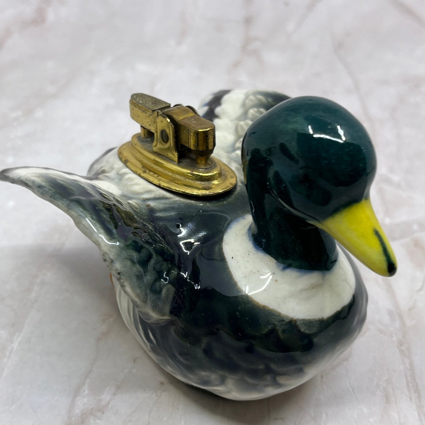 Vintage Mallard Duck Porcelain and Brass Table Lighter TL30