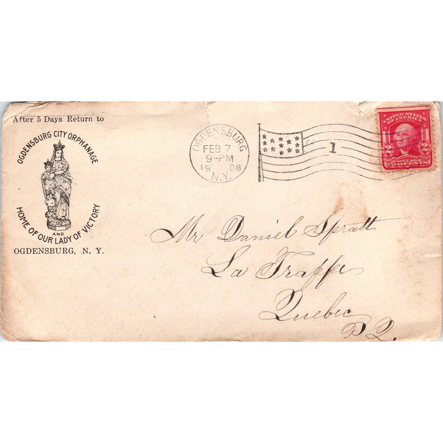 1908 Ogdensburg City Orphanage Our Lady of Victory NY Postal Cover Envelope AE6