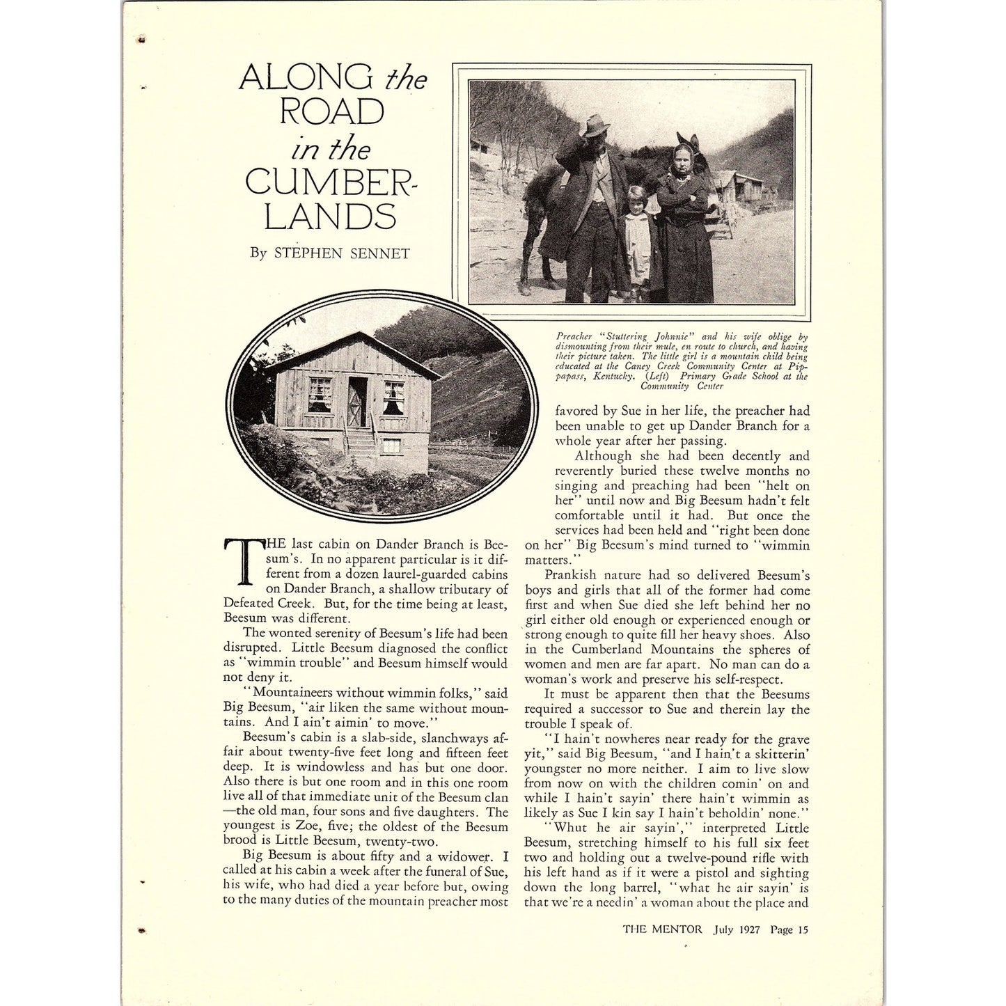Along the Road in the Cumberlands by Stephen Sennet 4 Page Article 1927 AG3-6
