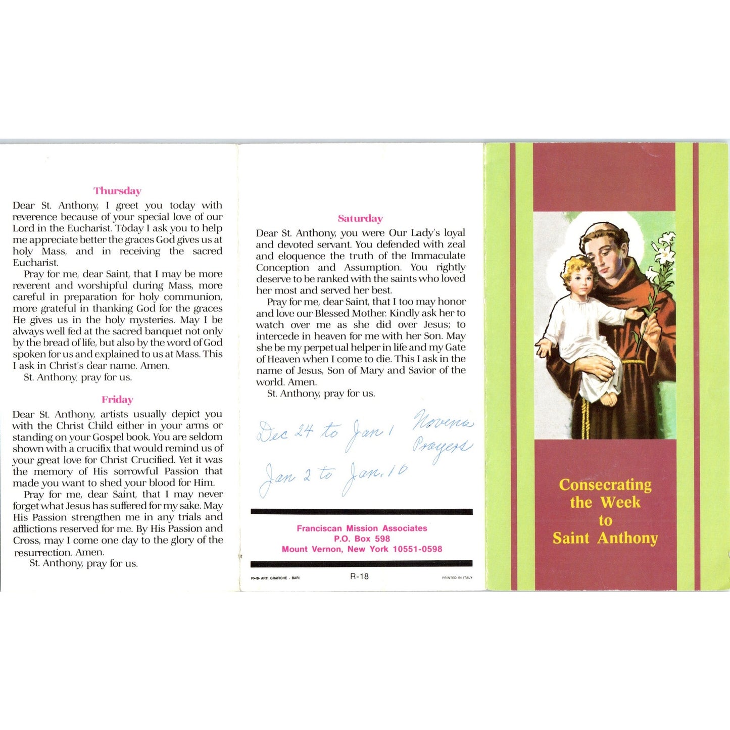 Consecrating the Week to St. Anthony Vintage Catholic Prayer Leaflet TH2-PC2
