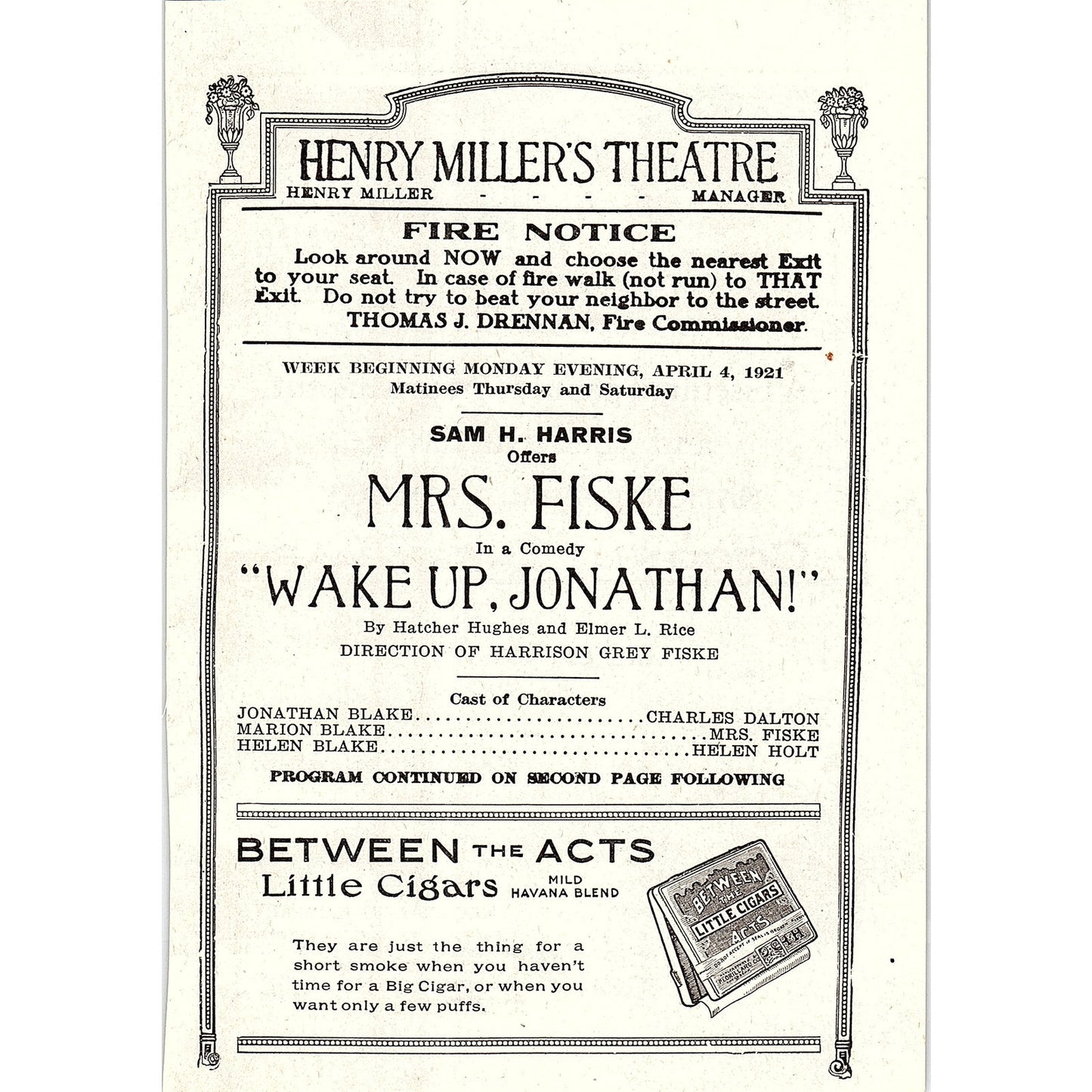 Henry Miller Theatre Wake Up Jonathan Sam H. Harris NY 1921 Ad AF3-10