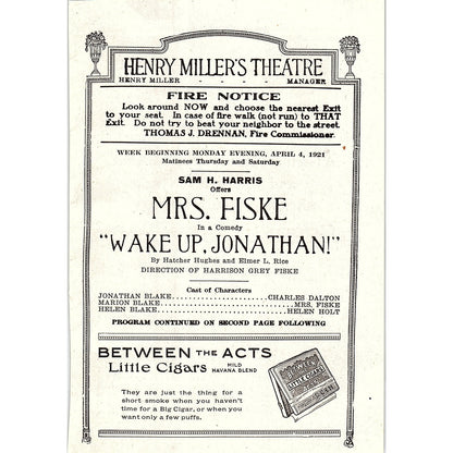 Henry Miller Theatre Wake Up Jonathan Sam H. Harris NY 1921 Ad AF3-10