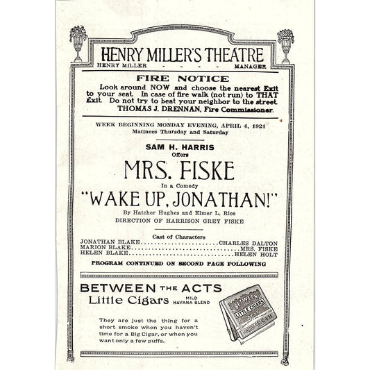Henry Miller Theatre Wake Up Jonathan Sam H. Harris NY 1921 Ad AF3-10