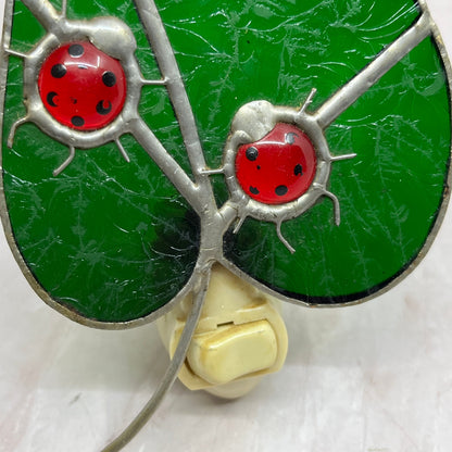 Vintage Ladybugs on Leaf Stained Glass Suncatcher Nightlight TH9