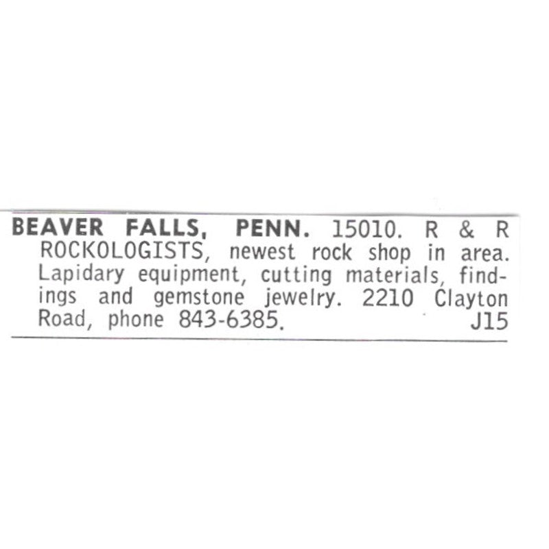 R&R Rockologists Beaver Falls Pennsylvania 1972 Ad AF8-S13