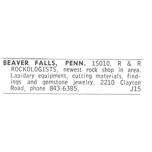 R&R Rockologists Beaver Falls Pennsylvania 1972 Ad AF8-S13