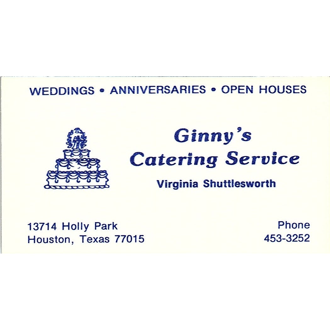Virginia Shuttlesworth Ginny's Catering Service Houston Vtg Business Card SD9-B6