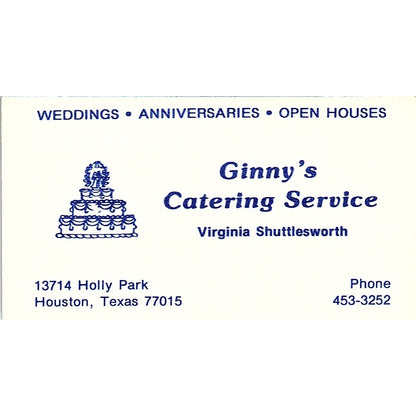 Virginia Shuttlesworth Ginny's Catering Service Houston Vtg Business Card SD9-B6