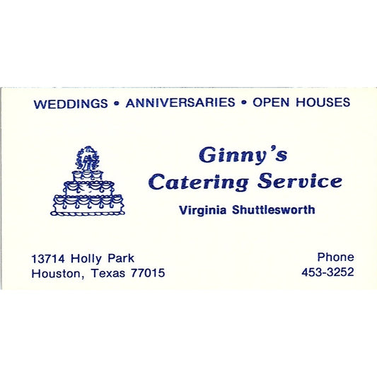 Virginia Shuttlesworth Ginny's Catering Service Houston Vtg Business Card SD9-B6