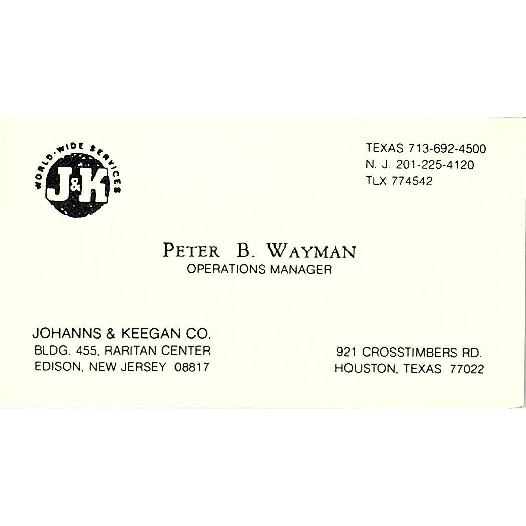 Johanns & Keegan Co. Peter B Wayman Houston Texas Vintage Business Card SB4-B9