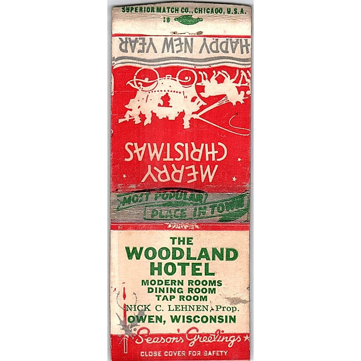 The Woodland Hotel Nick C Lehnen Owen WI Vintage Matchbook Cover SC7-Y11