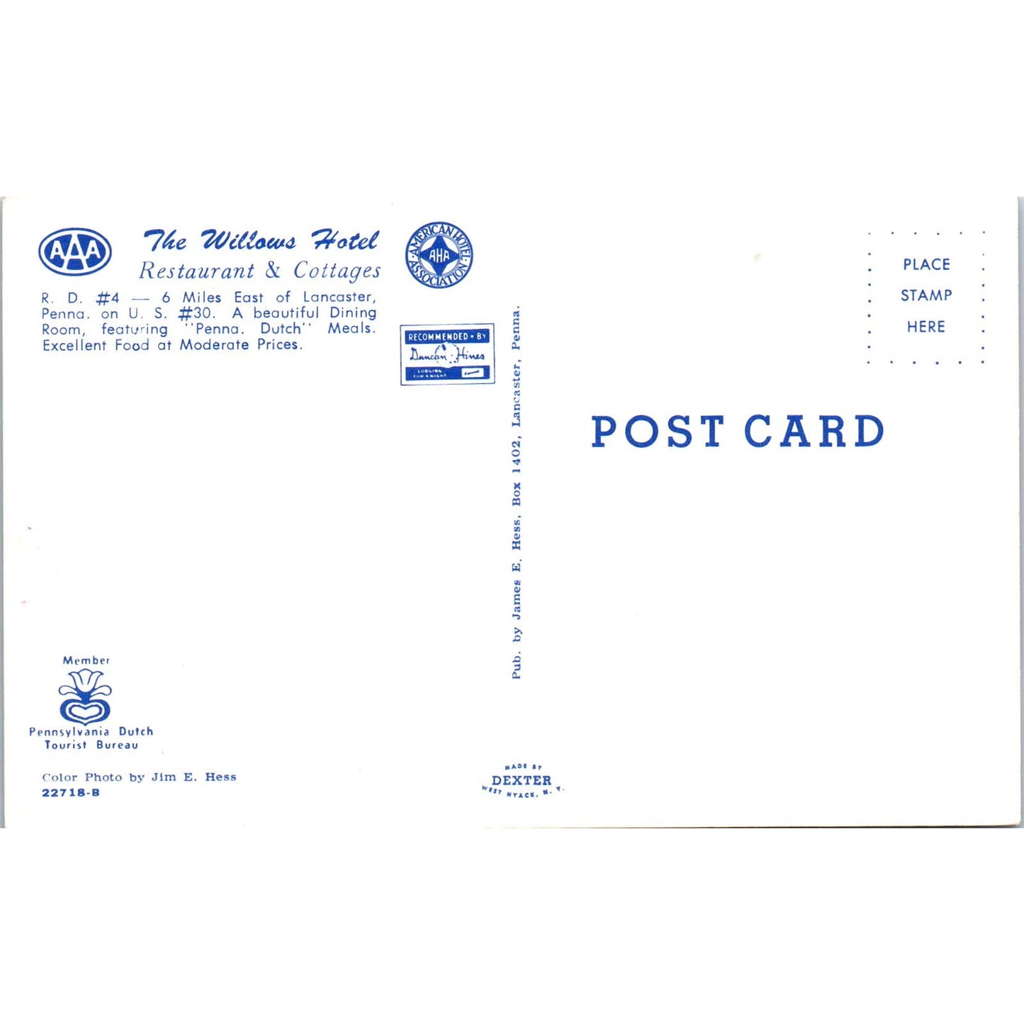 The Willows Hotel Restaurant Lancaster PA Dutch Country Vintage Postcard PD5