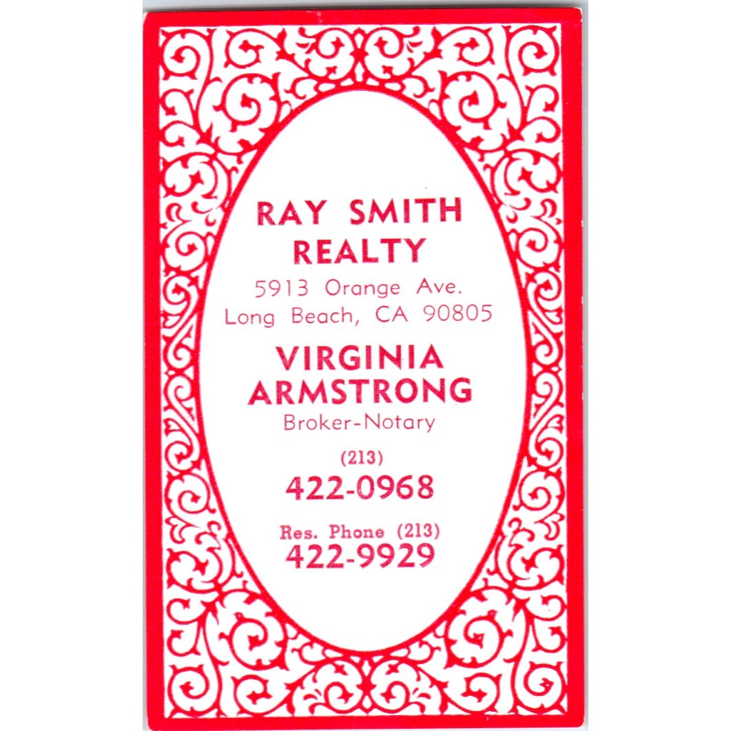 Virginia Armstrong Ray Smith Realty Long Beach CA Vintage Business Card SD4-B5