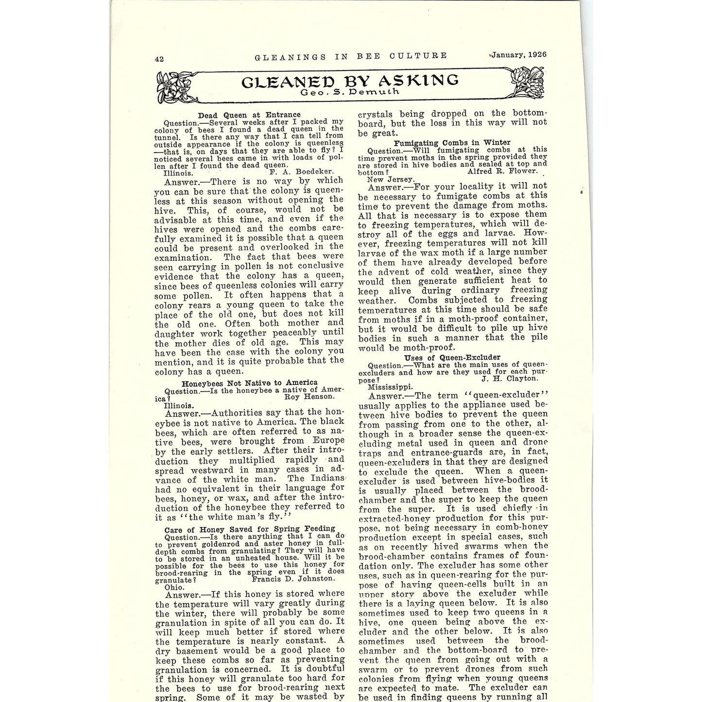Gleaned by Asking Geo. S. Demuth 2 Page Beekeeping Article 1926 AG3-9