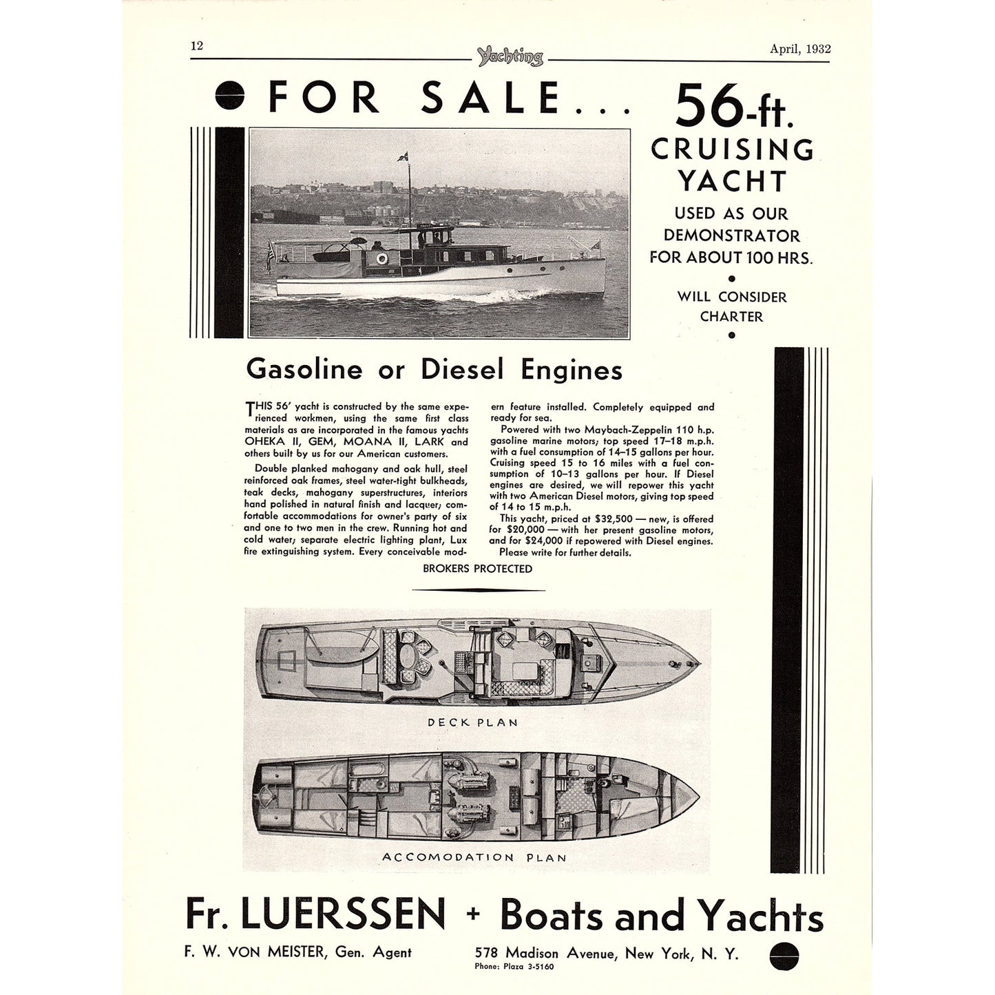 Fr. Luerssen Yachts F.W. Von Meister NY, Henry J. Gielow Yachts 1932 Ad V1-4