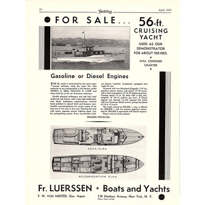 Fr. Luerssen Yachts F.W. Von Meister NY, Henry J. Gielow Yachts 1932 Ad V1-4