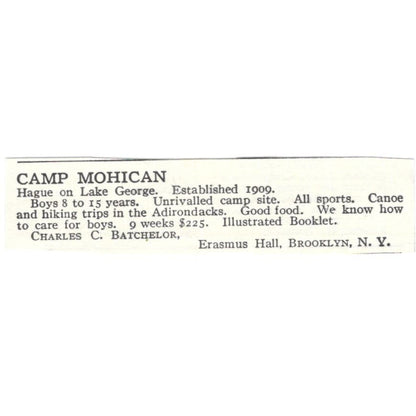 Camp Mohican Hague on Lake George Charles Batchelor c1918 Advertisement AE5-SA6