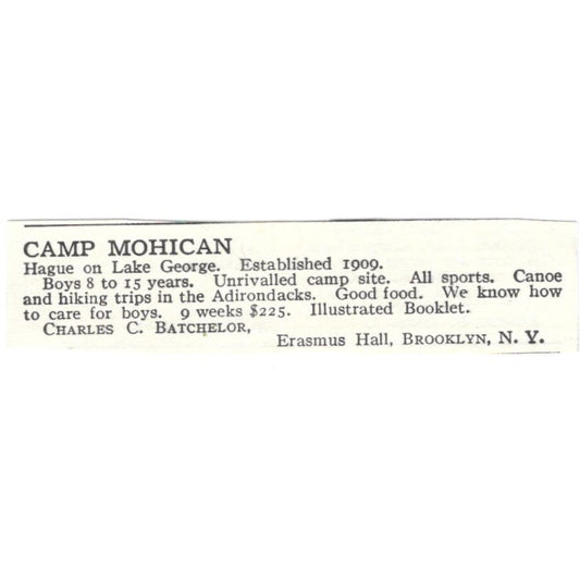 Camp Mohican Hague on Lake George Charles Batchelor c1918 Advertisement AE5-SA6