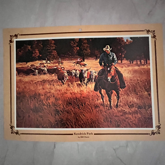 1979 Kendrick Park By Bill Owen Western Cowboy Scene 7x9" Art Print V23