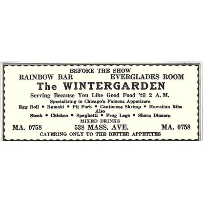 The Wintergarden Rainbow Bar Everglades Room Indianapolis IN 1947 Ad AF6-21