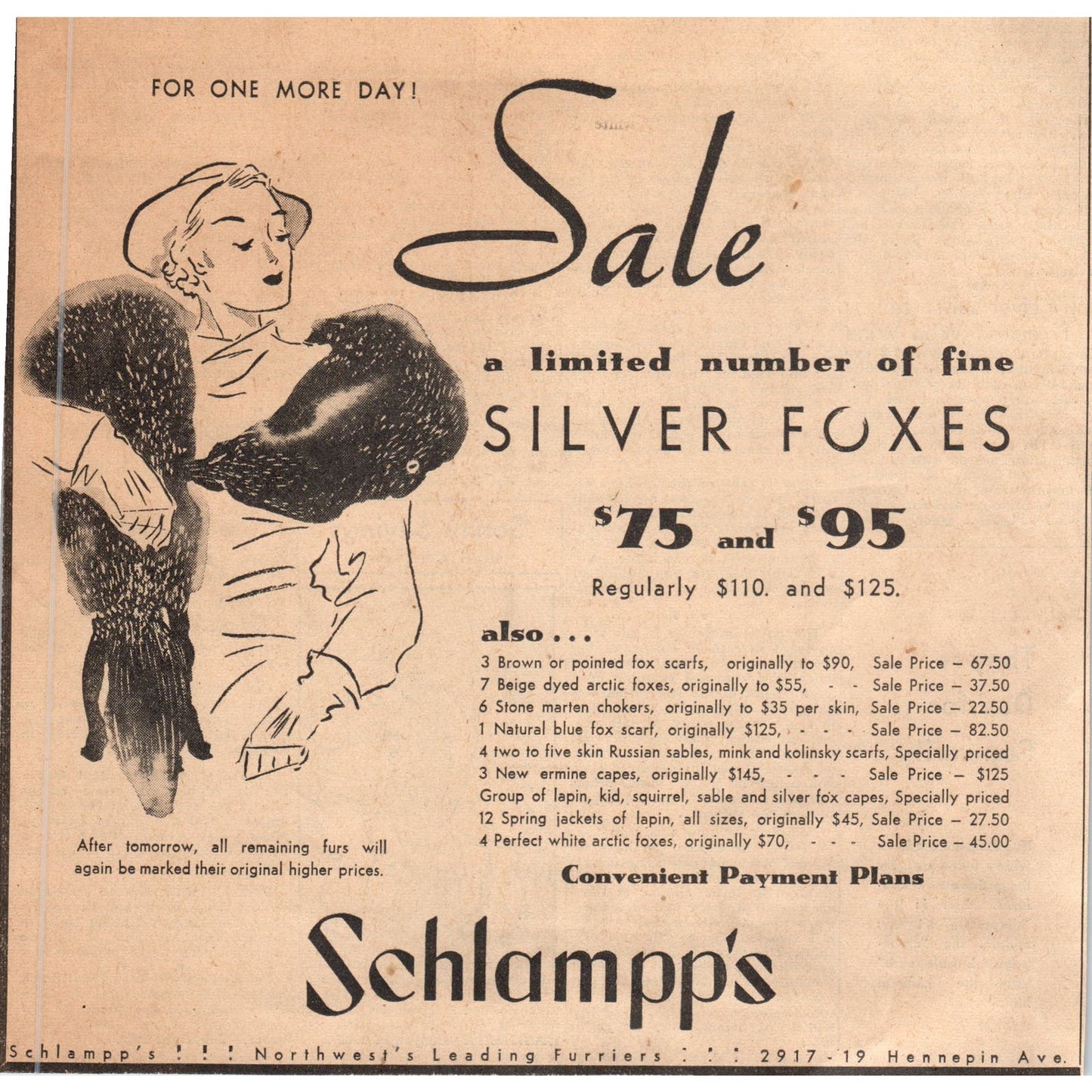 Schlampp's Silver Foxes Furs 8" 1935 Minneapolis Journal Advertisement D10