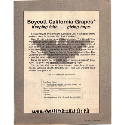 Cesar Chavez Boycott California Grapes United Farm Workers Keene 1984 Ad AF6-9