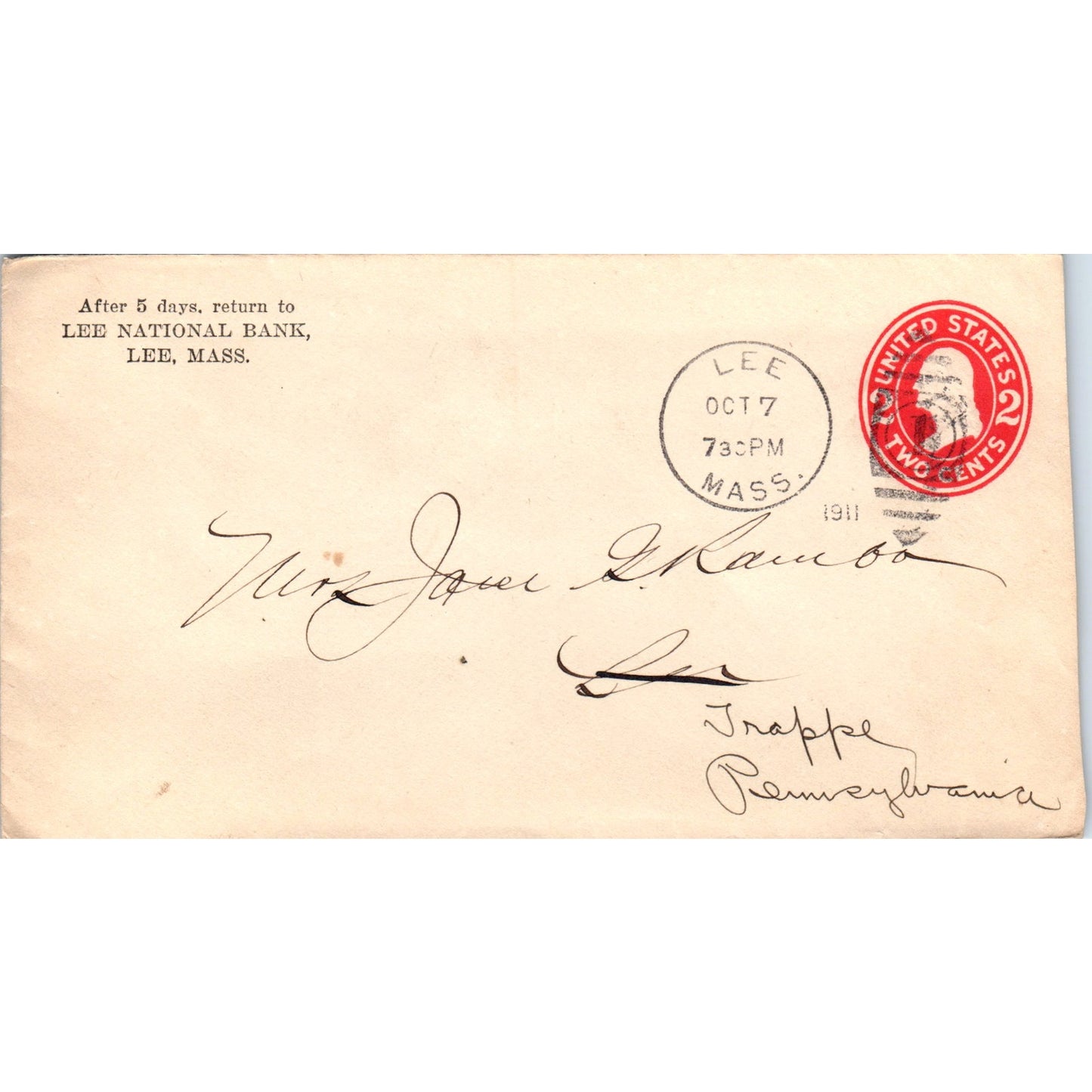 1911 Lee National Bank to Miss Rambo Lee MA Postal Cover Envelope TG7-PC2