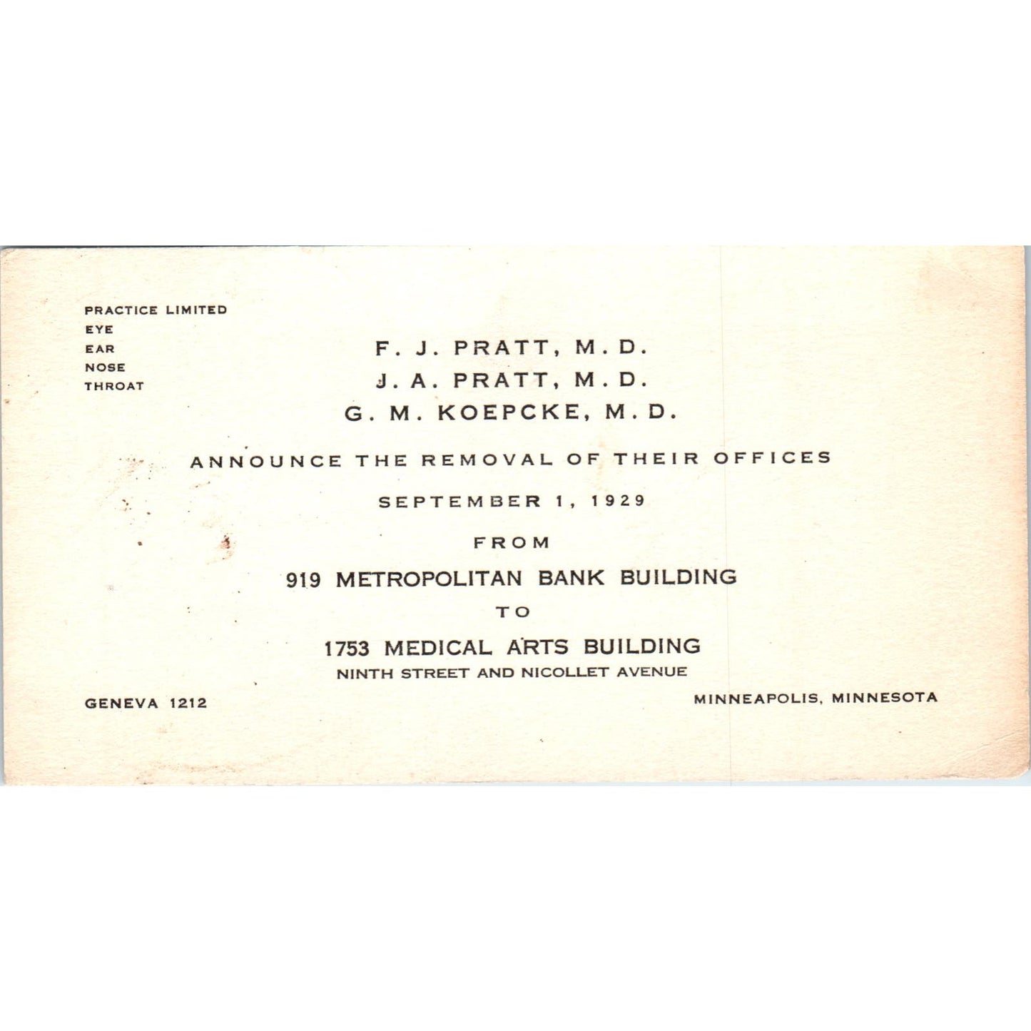 F.j. Pratt J.A. Pratt G.M. Koepcke Doctors Minneapolis MN New Office Card AB9